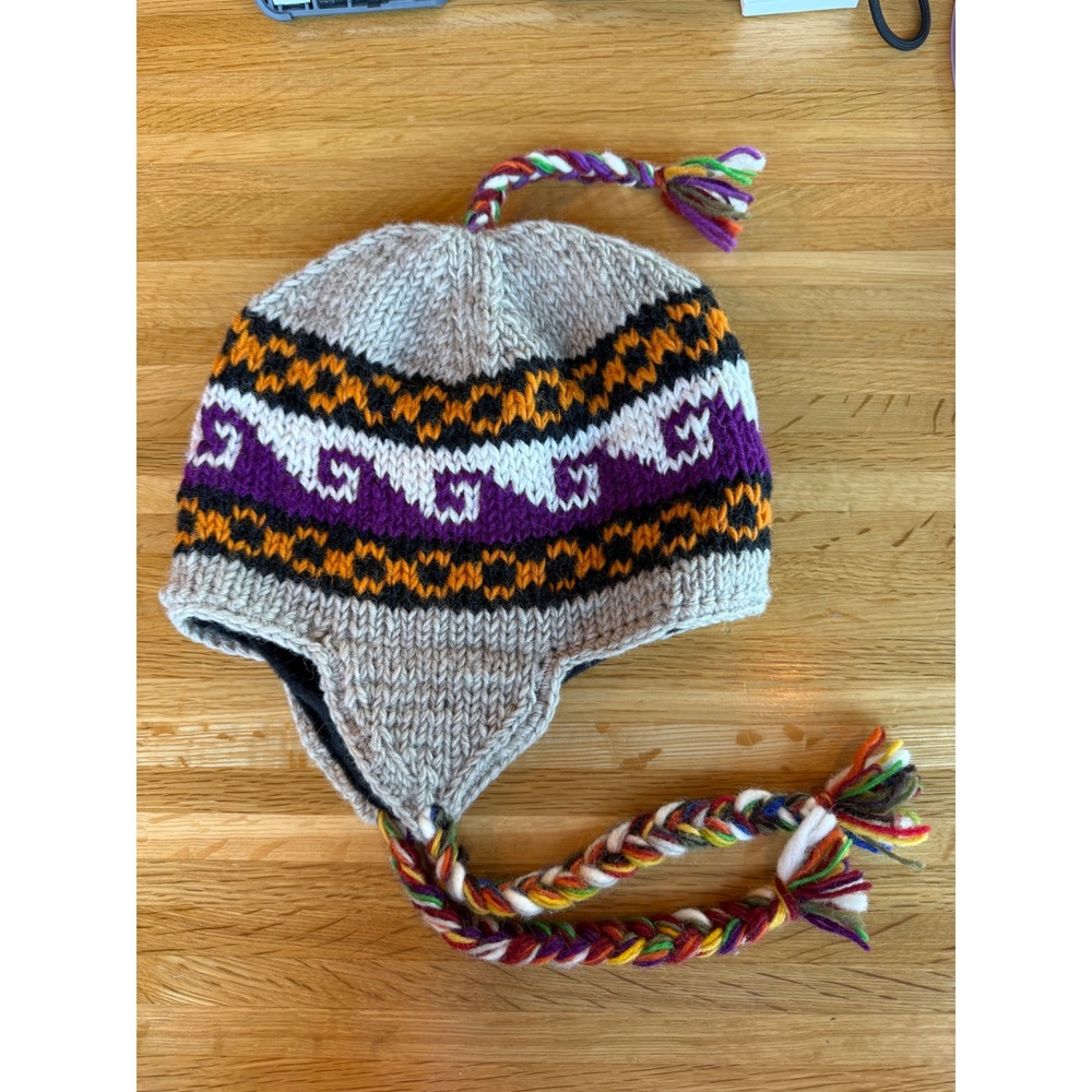 Hand Knit Peruvian Earflap Beanie Hat Fleece Lined Braided Tassel Cap Colof